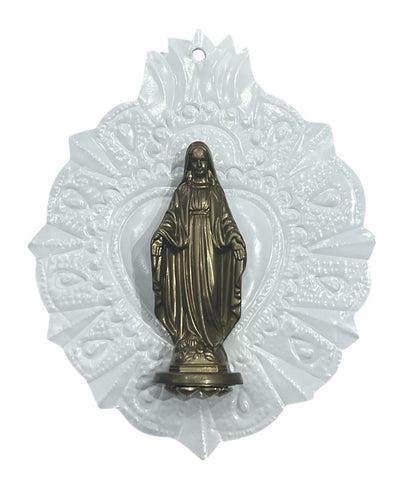 COEUR EX VOTO BLANC VIERGE OR ARTISANAT MEXICAIN
