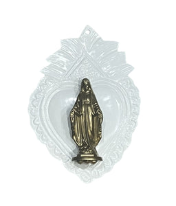 COEUR EX VOTO BLANC VIERGE OR ARTISANAT MEXICAIN