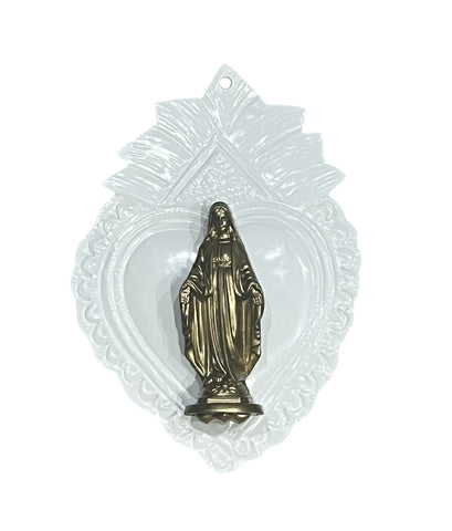 COEUR EX VOTO BLANC VIERGE OR ARTISANAT MEXICAIN